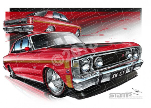 FORD XW GT FALCON CANDY APPLE RED GOLD STRIPE A3 FRAMED PRINT (FT072C)