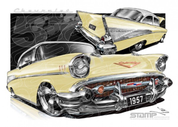Classic 57 CHEVY COLONIAL CREAM/IVORY ROOF A3 FRAMED PRINT (C004L)