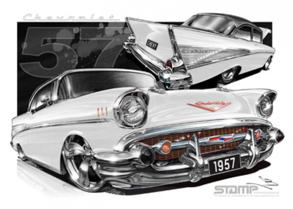 Classic 57 CHEVY IVORY/ONYX ROOF A3 FRAMED PRINT (C004Y)