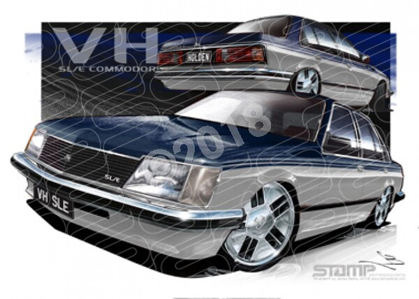 Holden Commodore VH 1981 VH BLUE OVER SILVER SLE COMMODORE A3 FRAMED PRINT (HC123)