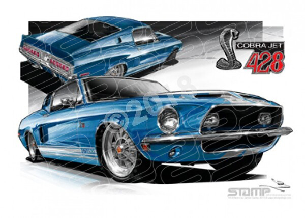 Ford Mustang 1968 FORD SHELBY GT 500KR FASTBACK ALCAPULCO BLUE A3 FRAMED PRINT (FT008)