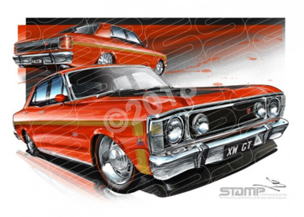 FORD XW GT FALCON BRAMBLES RED GOLD STRIPES A3 FRAMED PRINT (FT068)