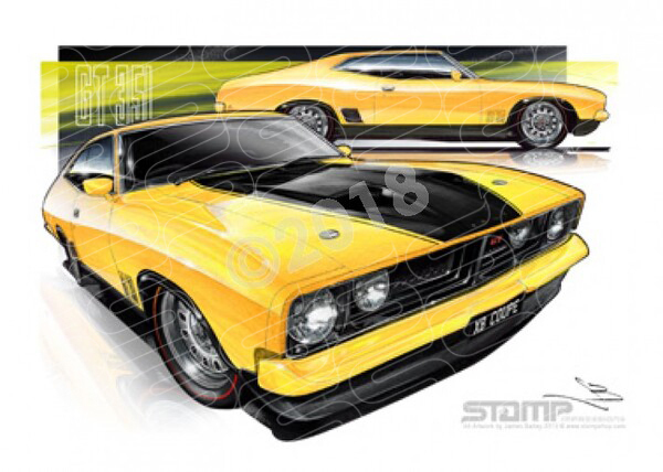 FORD XB GT FALCON HARDTOP COUPE YELLOW BLAZE A3 FRAMED PRINT (FT102)