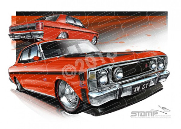 FORD XW GT FALCON BRAMBLES RED BLACK STRIPES A1 FRAMED PRINT (FT068A)