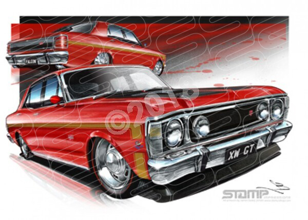 FORD XW GT FALCON TRACK RED GOLD STRIPES A1 FRAMED PRINT (FT072A)