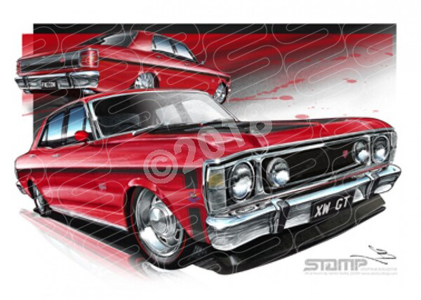 FORD XW GT FALCON CANDY APPLE RED BLACK STRIPES A1 FRAMED PRINT (FT072B)