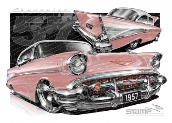 Classic 57 CHEVY CANYON CORAL/IVORY ROOF A1 FRAMED PRINT (C004N)