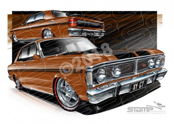 FORD XY GT FALCON NUGGET GOLD BLACK STRIPES A2 FRAMED PRINT (FT081E)