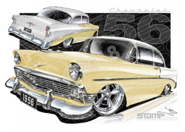 Classic 56 CHEVY IVORY/CROCUS YELLOW A2 FRAMED PRINT (C003I)