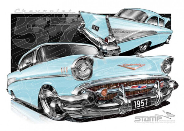 Classic 57 CHEVY LAKESPUR BLUE A2 FRAMED PRINT (C004F)